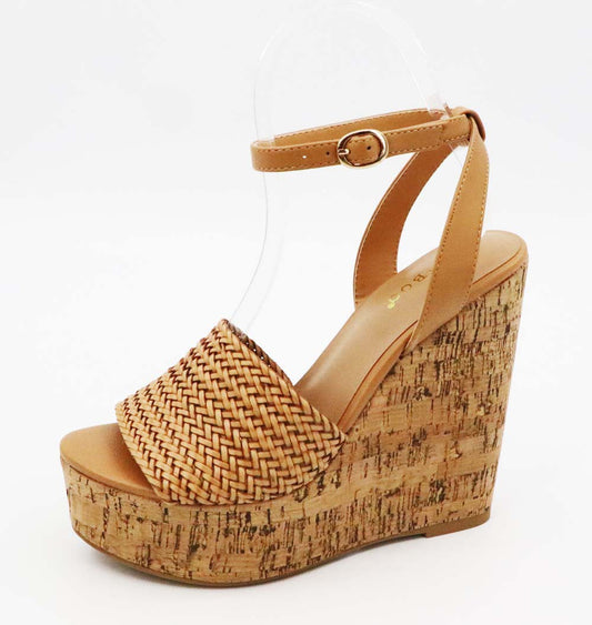 Tan Bamboo Cork Wedges Braided Ankle Strap Sandals