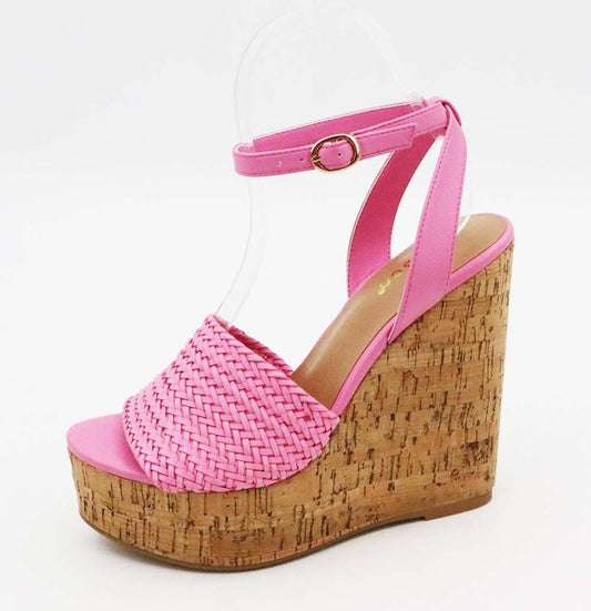 Pink Bamboo Cork Wedges Braided Ankle Strap Sandals