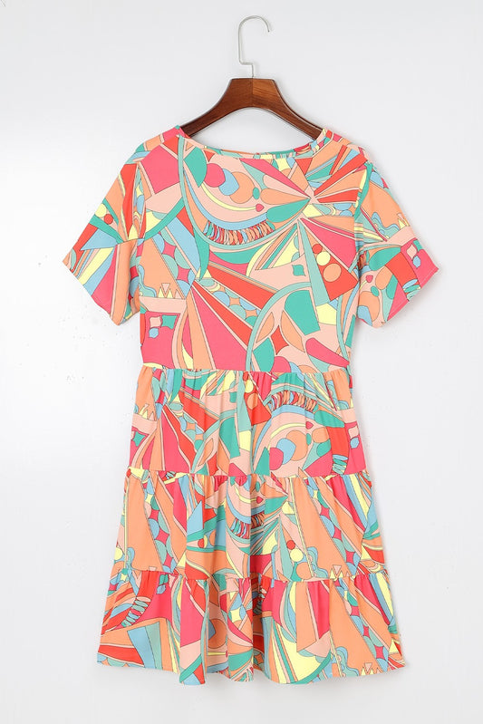 Abstract Geometric Print Tassel Tie Flared Dress