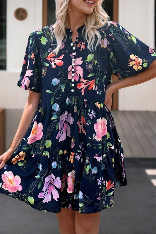 Floral Short Bubble Sleeve Mandarin Collar Dress