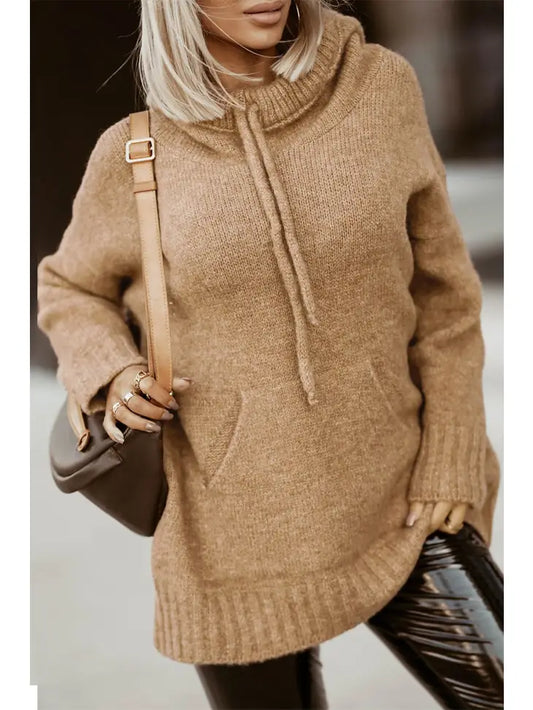 Cowl Neck Drawstring Hooded Sweater