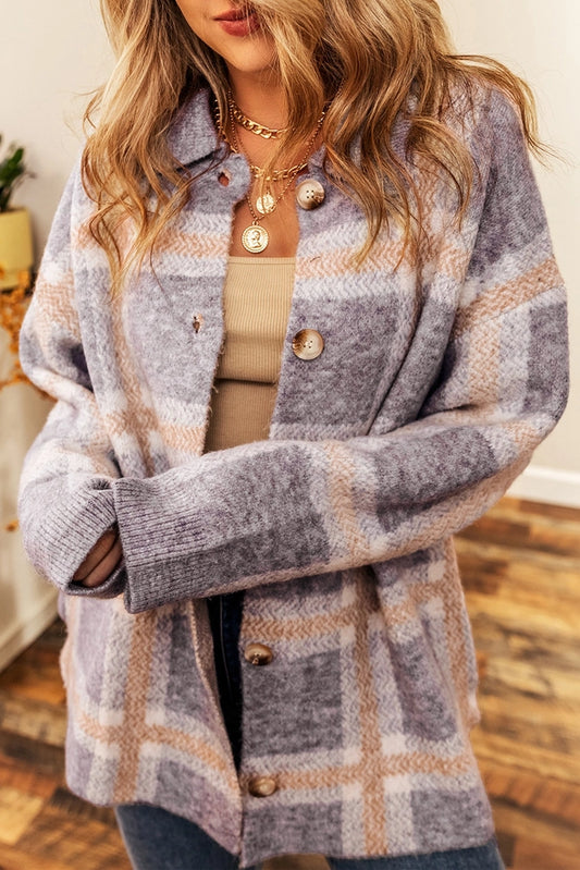 Fuzzy Plaid Collared Button Up Cardigan