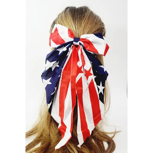 Patriotic American Flag Long Tail Hair Bow Clip
