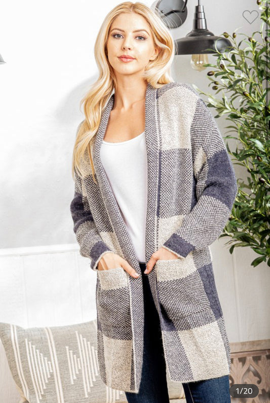 Plaid Open Sweater Cardigan with Side Pockets