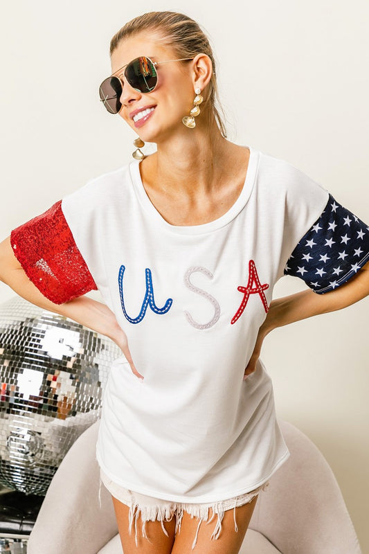 USA Theme Color Block Embroidery Top